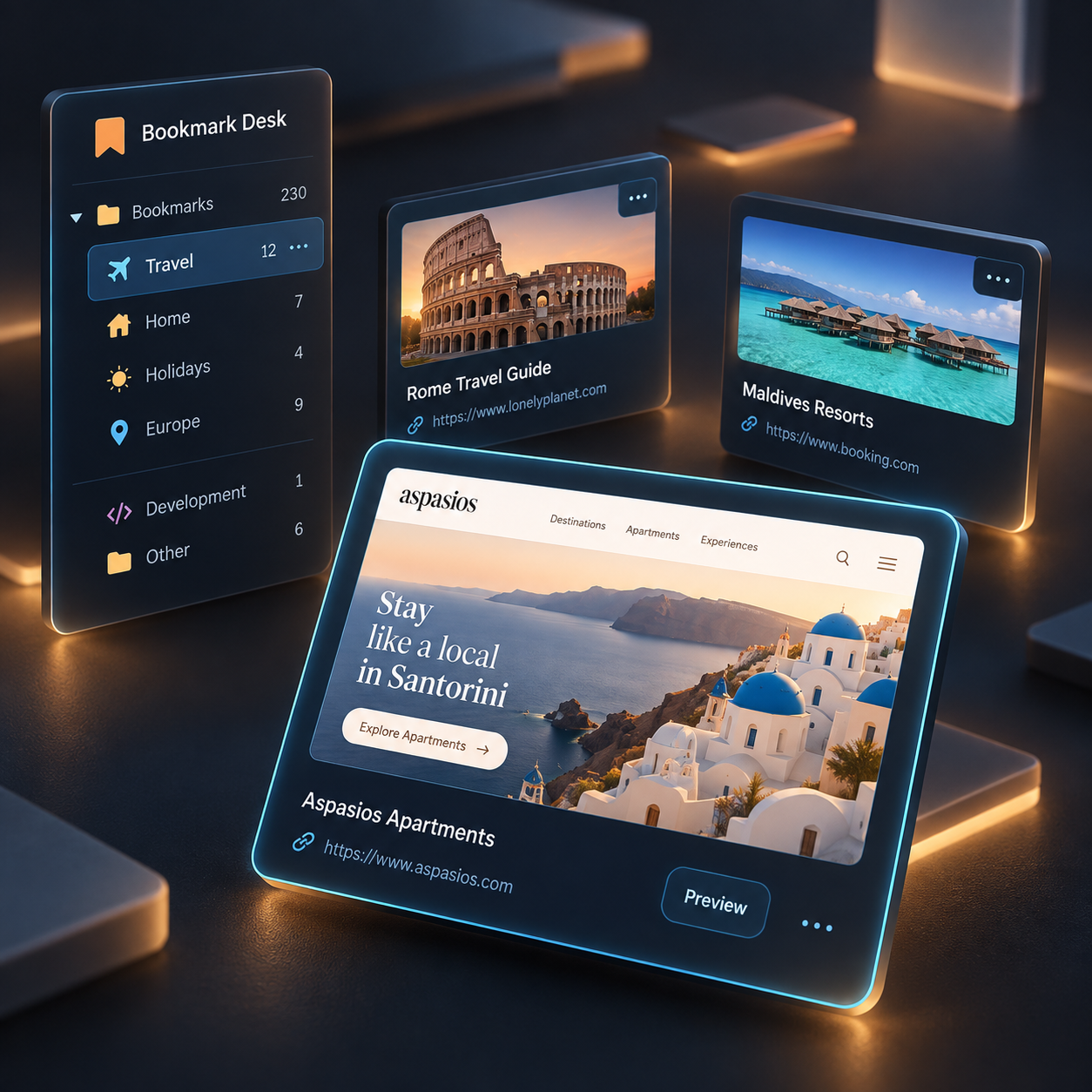 Dimensional illustration of VisualMark folders and travel bookmark cards, with one page preview highlighted.