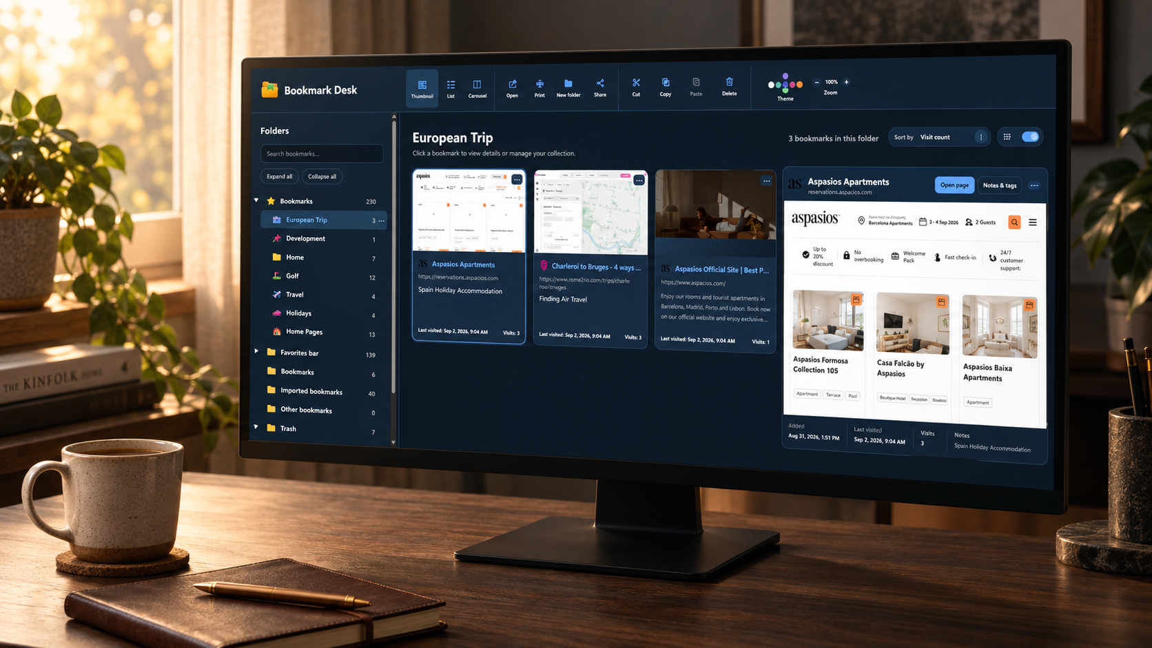 Illustrative desk scene with coffee and a monitor displaying VisualMark's folder tree, thumbnail cards and expanded page preview.