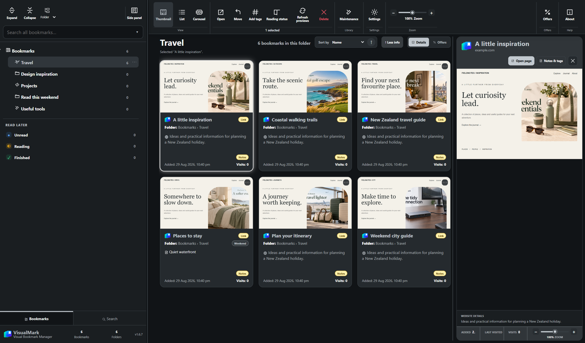 Bookmark manager showing visual website cards, a folder tree and a larger selected-page preview.