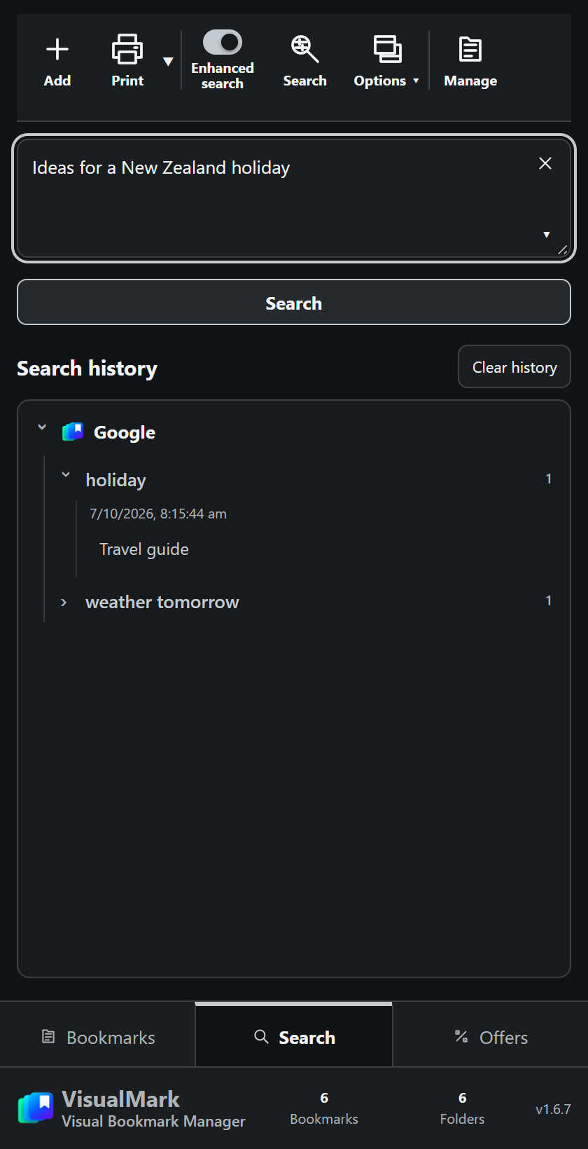 VisualMark Search panel with a question box, search history and destination-window controls.