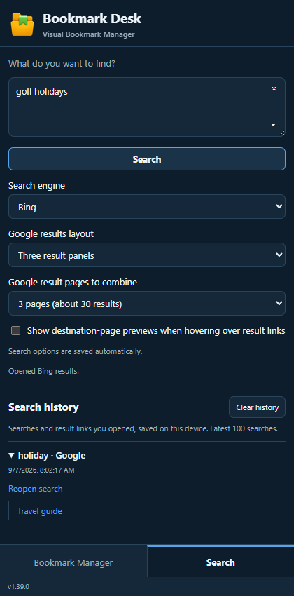 VisualMark search panel with a query box and a local search trail grouped by engine.