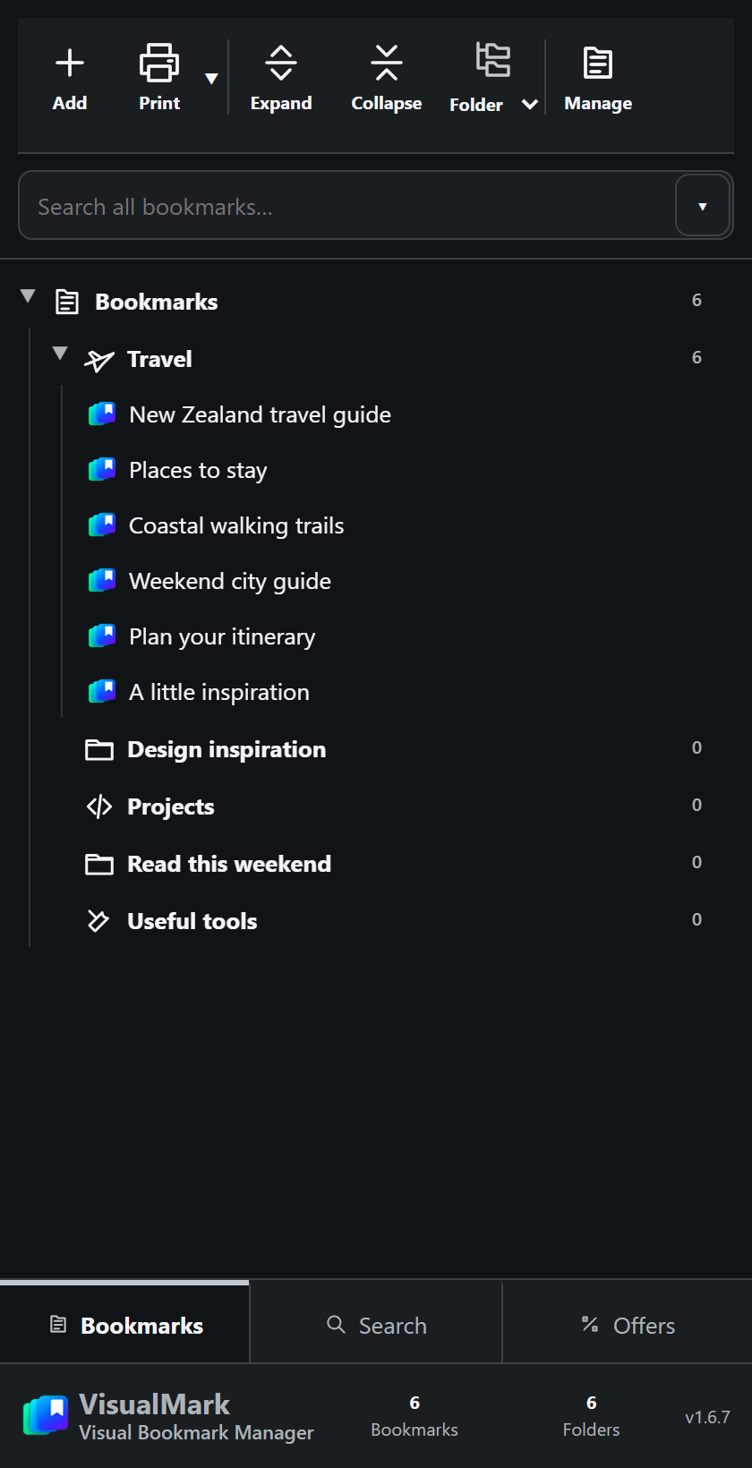 Current VisualMark side panel: bookmark search, Manage, folder sorting, nested bookmarks and bottom navigation.
